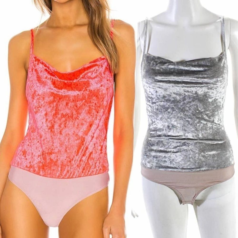 Amanda Uprichard Corey Velvet Bodysuit Silver Grey Cowl Neck